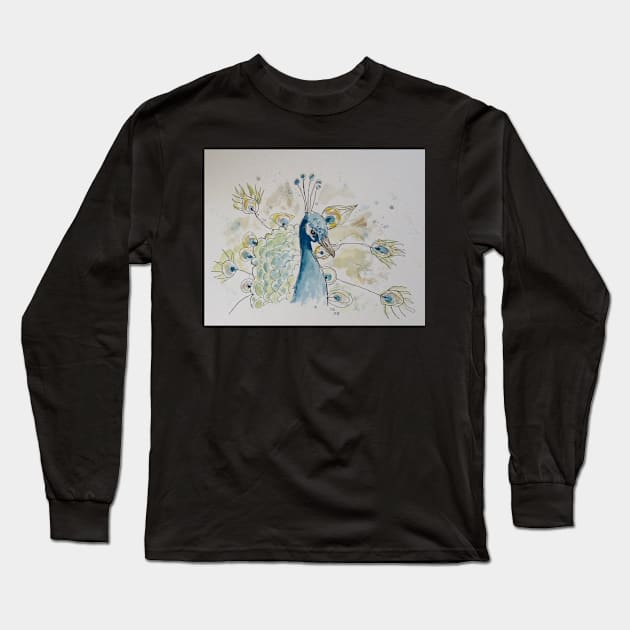 Peacock line drawing Long Sleeve T-Shirt by DebTheZeb